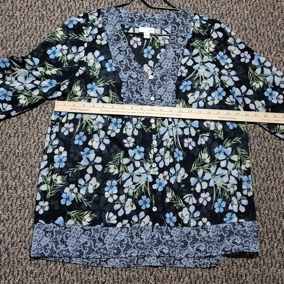 J. JILL Floral Lace Print Button Front Blouse Sheer Long Sleeve Navy Blue Small - Picture 16 of 16